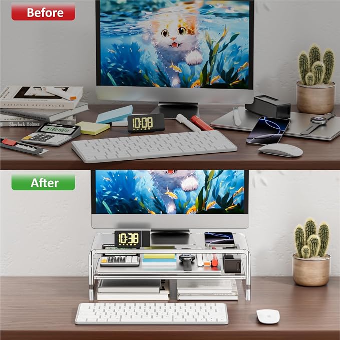 Acrylic Monitor Stand, 2 Tiers Clear Monitor Riser Computer Stand - Image 4