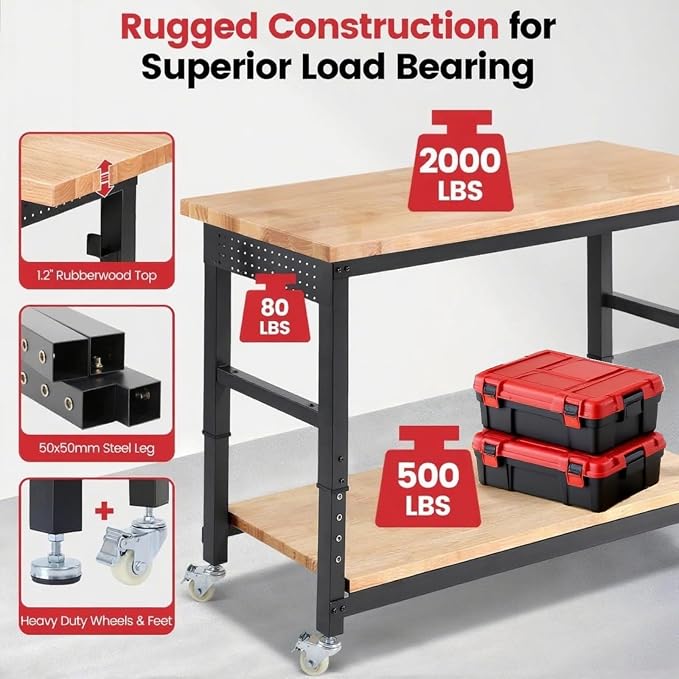 Workbench with Wheels 60 x 22 Heavy Duty Rubberwood Tabletop Work Bench - Image 2