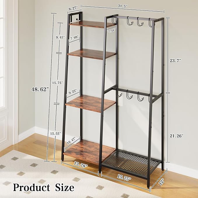 Purse Storage Organizer for Closet, 4-Tier Iron Wood Purse Rack, 8 Purse Hooks - Image 3