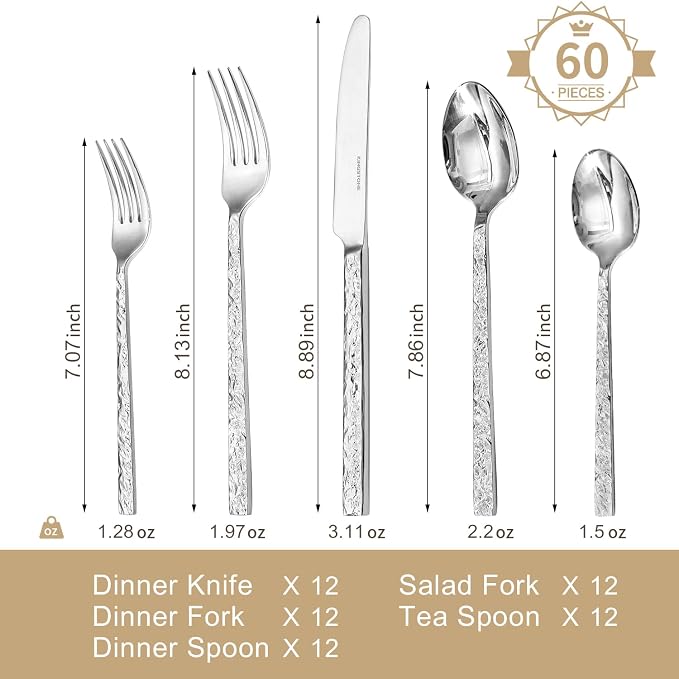 KINGSTONE 60 Pcs Hammered Silverware Set - Image 2