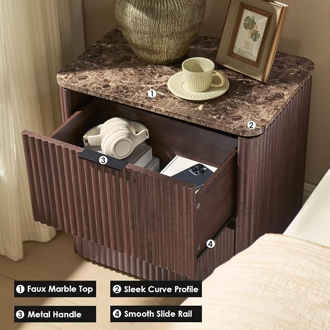Fluted Nightstand Set of 2, Bedside Table - Image 5