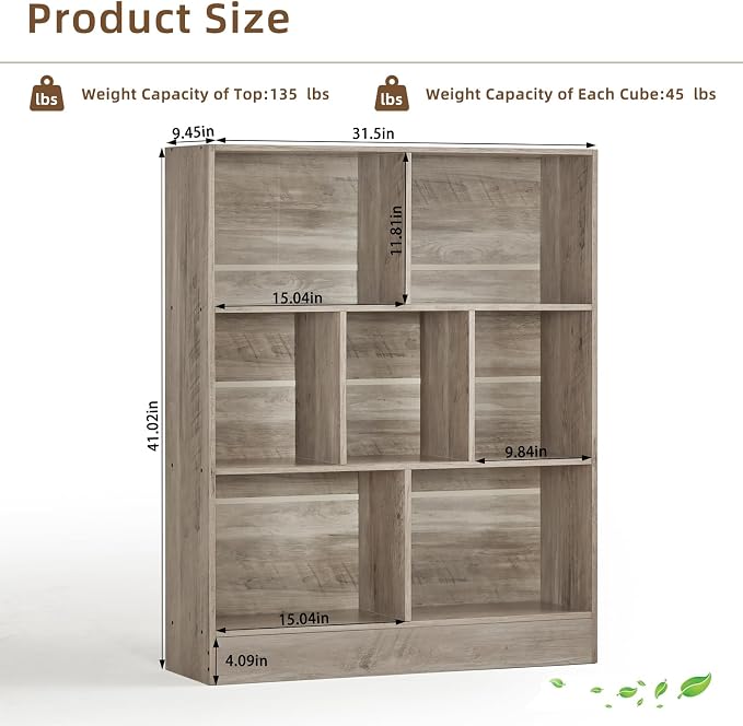 LEYAOYAO 7 Cube Bookshelf with Base, 3 Tier Mid-Century Modern Grey Bookcase - Image 2