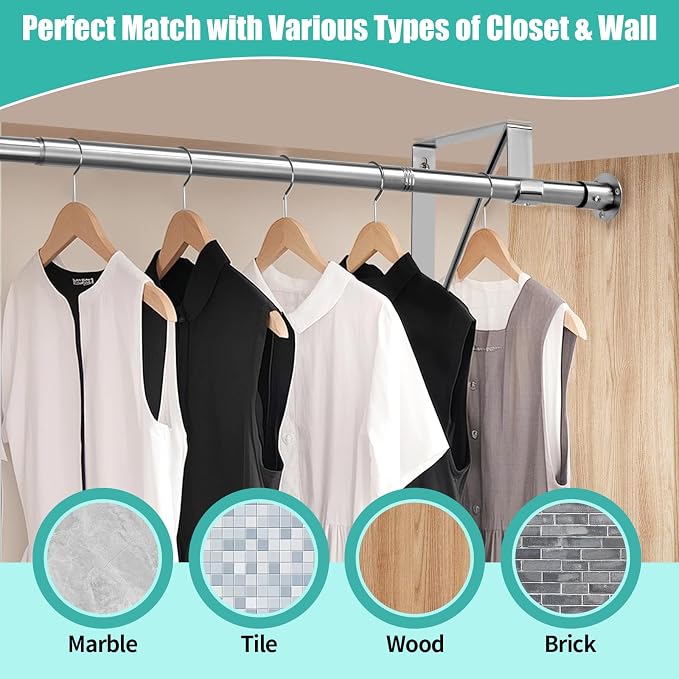 Closet Rod, 16 to 100 Inch Closet Rods Heavy Duty Adjustable Wardrobe Poles - Image 4