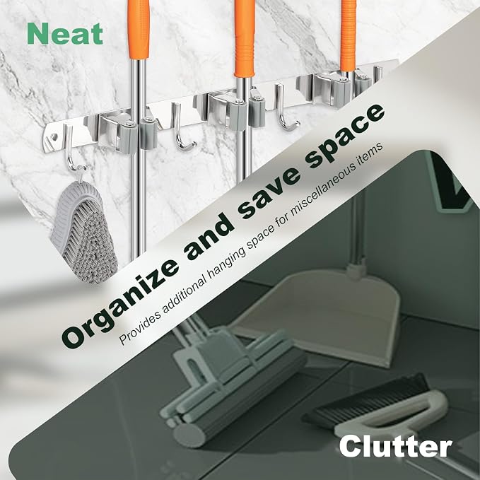 2 Pack Broom Holder Wall Mount 3 Racks 4 Hooks Stainless Steel Broom Mop Holder - Image 5