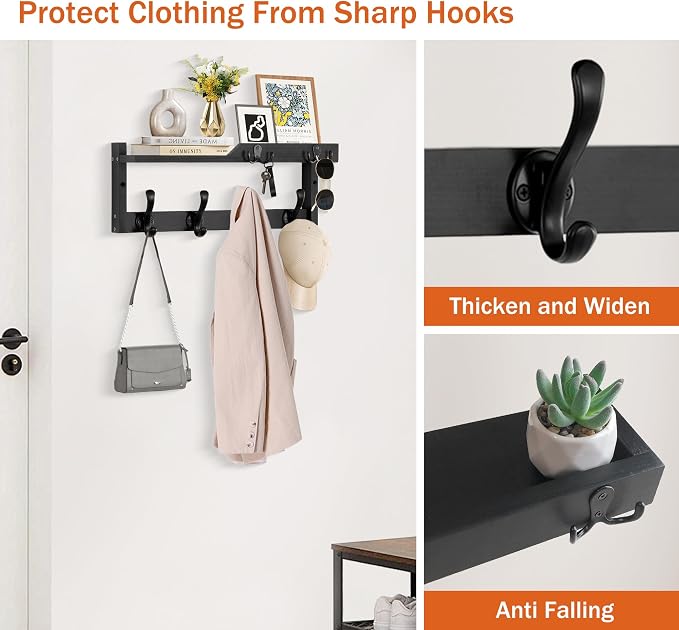 Coat Rack Wall Mount with Shelf, Coat Hanger Wall Mount with Key Hooks and Mail - Image 2