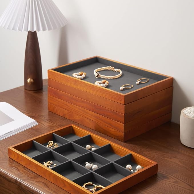 Oirlv 24 Grid Wood Jewelry Tray Microfiber Interior Jewelry Drawer Organizer - Image 6