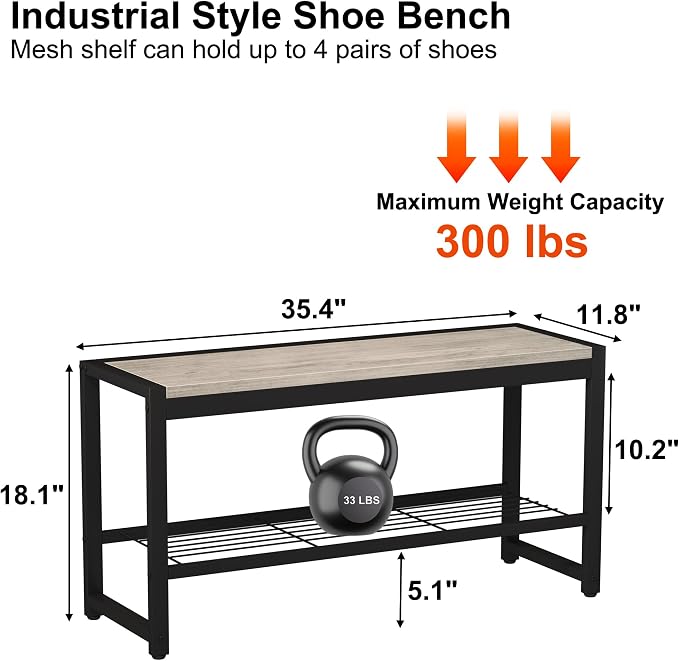 HOMEFORT 2 Tiers Shoe Bench, Retro Industrial Shoe Storage Bench - Image 3