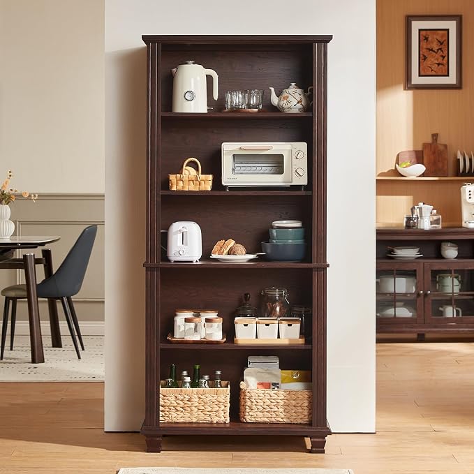 70" Tall Walnut Bookshelf, 5 Tier Wooden Book Shelf - Image 4