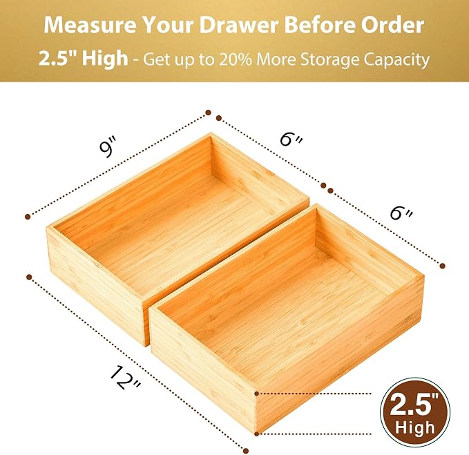 Umilife Bamboo Kitchen Drawer Organizer, Extra High Silverware Tray, Flatware - Image 2