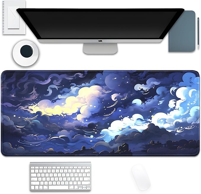 Blue Clouds Mouse Pad, Extended Stars Sky Dark Blue Clouds Mousepad Desk Pad by Unknown