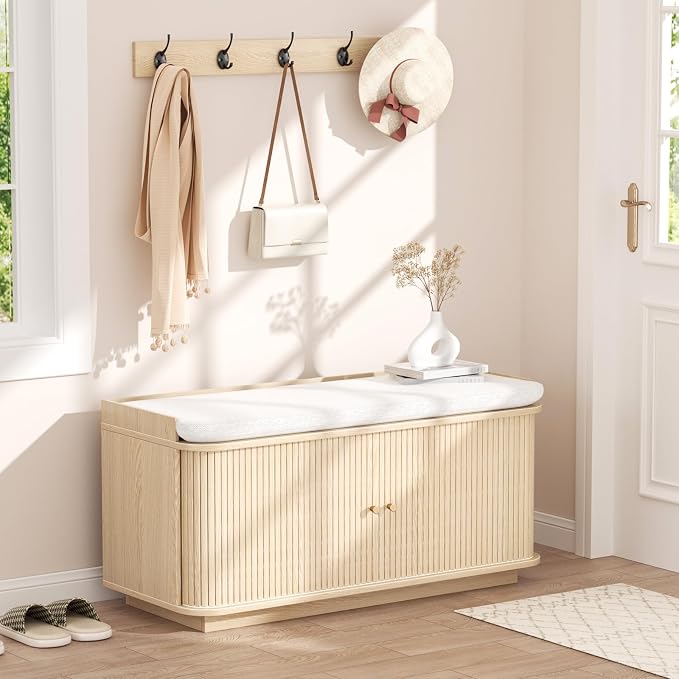 Hall Tree with Bench and Shoe Storage, Entryway Bench with Sliding Door Cabinet by Unknown
