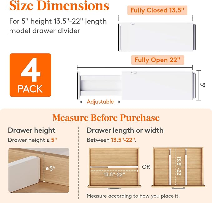 Lifewit 4 Pack Drawer Dividers Plastic 5" High, 13.5-22" Adjustable Drawer - Image 2