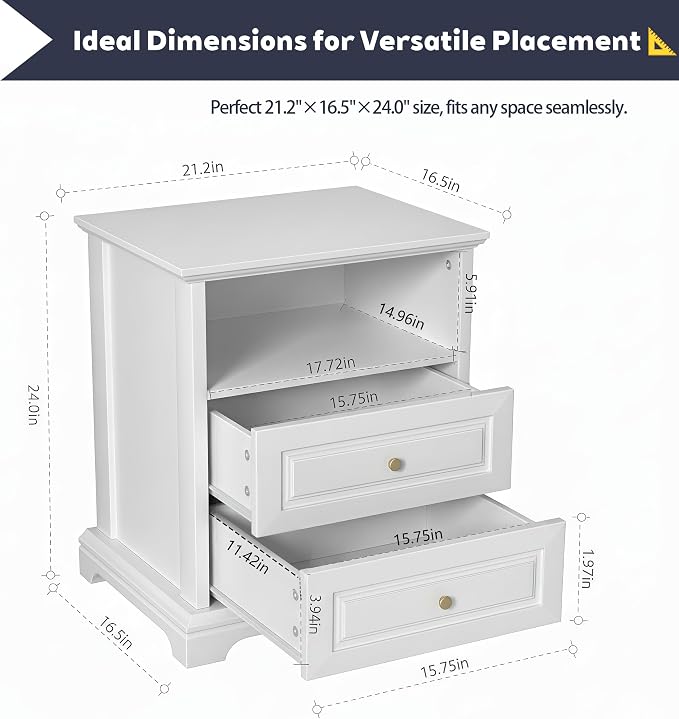 White Nightstand with 2 Drawers & Open Shelf, 21.2"x16.5"x24.0" Bedside Table - Image 2