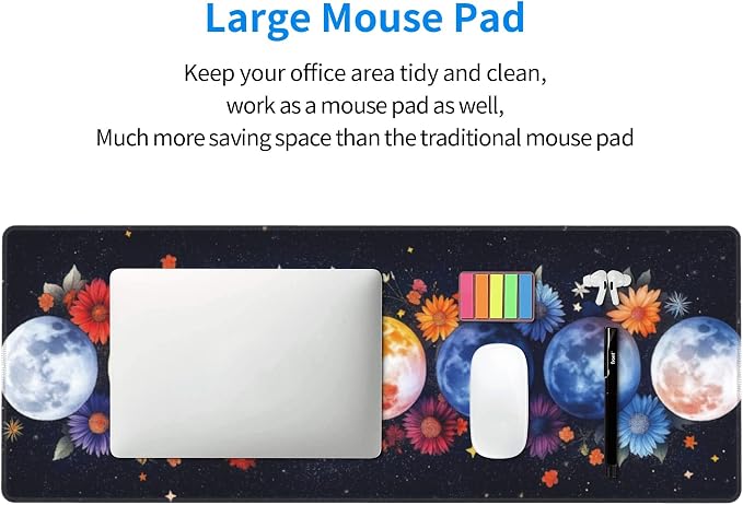 Colorful Moon Phases Large Mouse Pad, Watercolor Flowers Gaming Desk Mat - Image 7