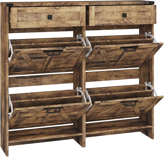 Shoe Cabinet with 4 Flip Drawers & 2 Drawers, Farmhouse Shoe Storage Cabinet - Image 8