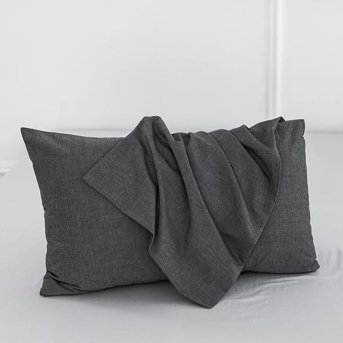 MooMee Bedding Pillowcases Pack of 2 100% Washed Cotton Linen Like Textured - Image 2