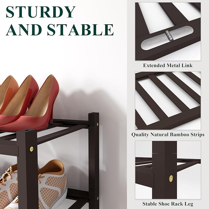 Smiry Bamboo Shoe Rack for Closet, 6 Tier Wooden Stackable Shoe Organizer - Image 3