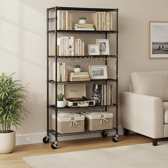 6-Tier Metal Storage Rack with Wheels, Sturdy Adjustable Wire Shelving Unit - Image 6