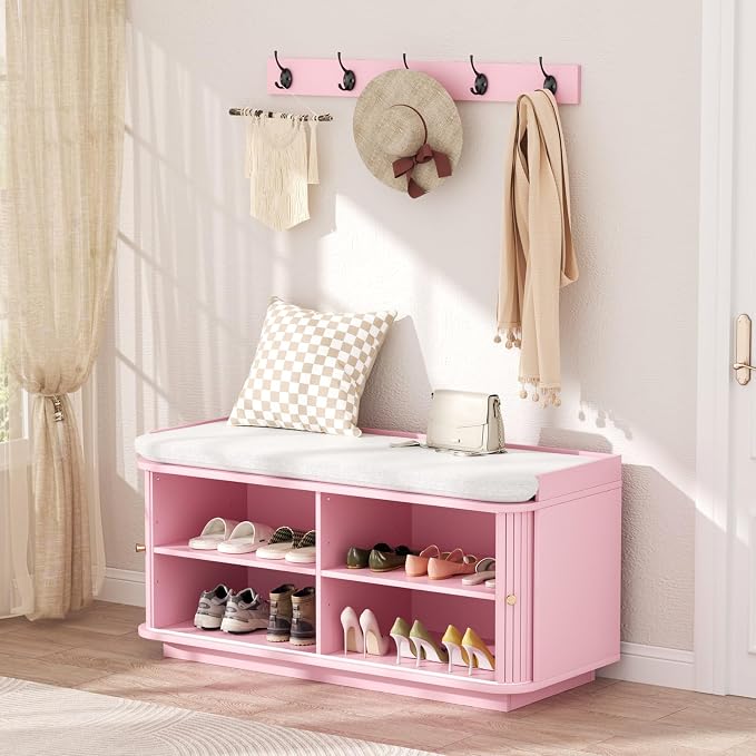 Hall Tree with Bench and Shoe Storage, Entryway Bench with Sliding Door Cabinet - Image 4