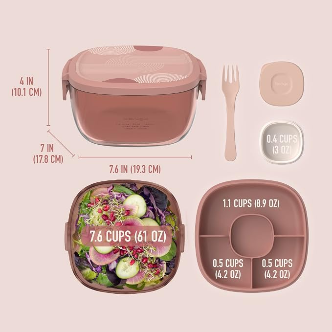 Bentgo Glass Prints All-in-One Salad Container - 61oz Tinted Glass Salad Bowl - Image 6