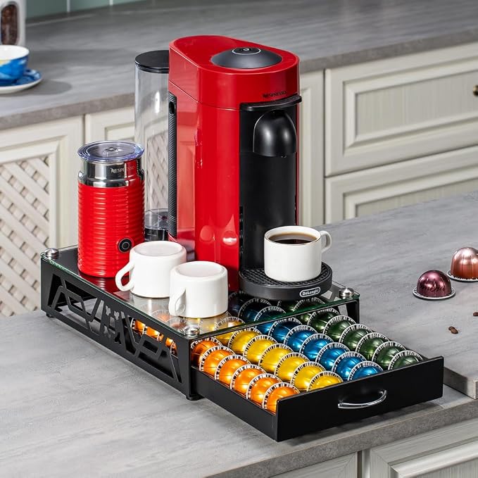 FlagShip Vertuo Pod Holder- Modern Glass Top Coffee Capsule Organizer & - Image 2