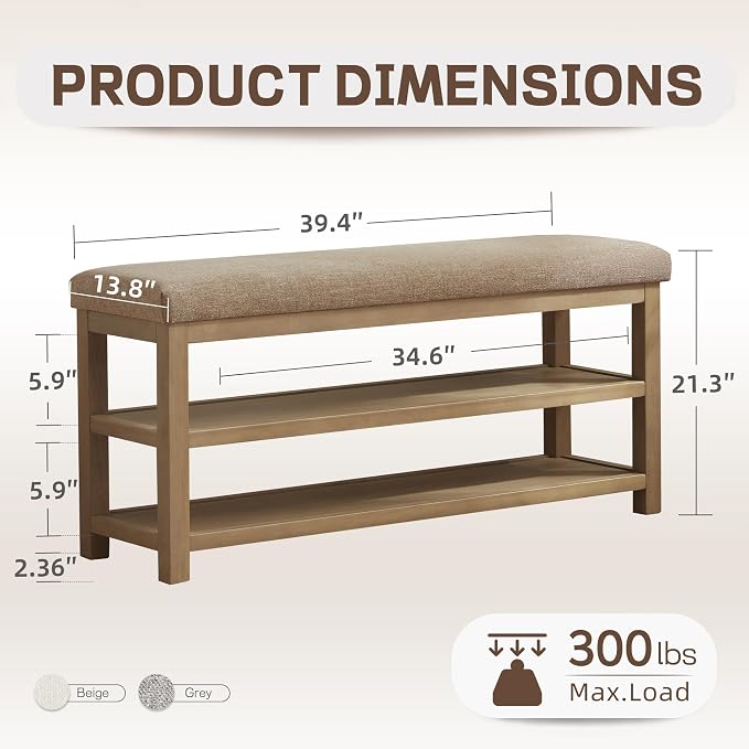 2 Tier Shoe Rack Bench with Cushion, Solid Wood Shoe Benches, Mid-Century - Image 2