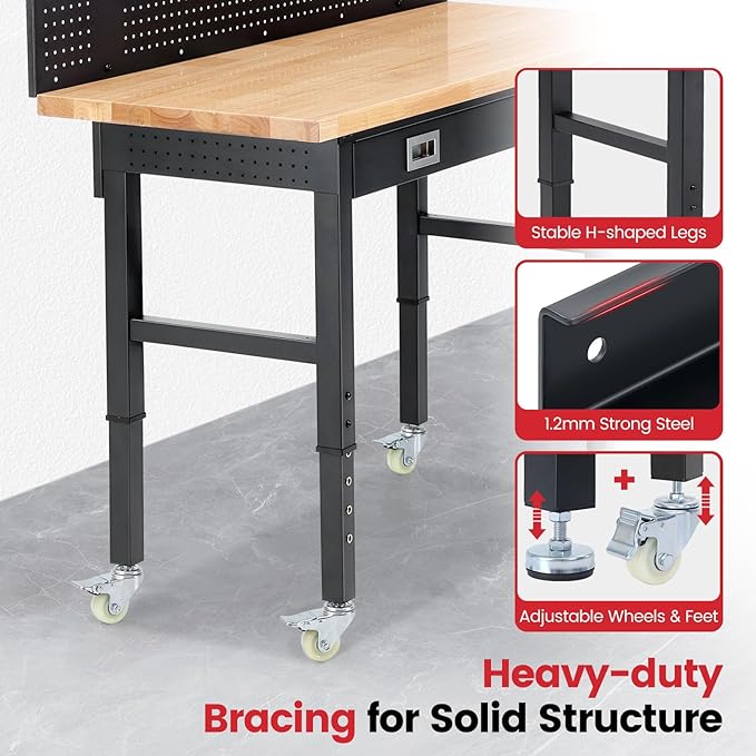 Work Bench with Wheels 60 x 22 Inch Heavy Duty Rubberwood Tabletop Work Table - Image 4