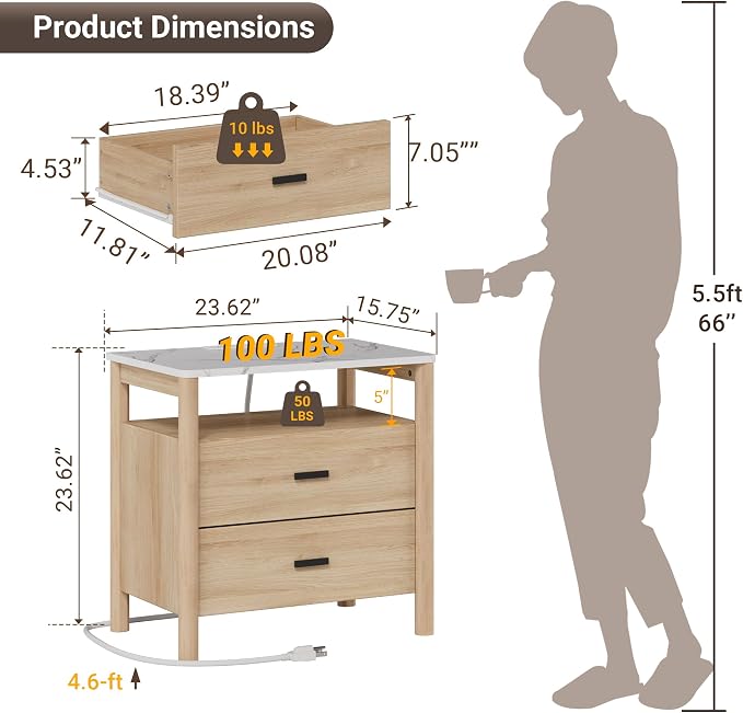 Night Stand with Charging Station, 2 Drawers End Table with Solid Round Post - Image 2