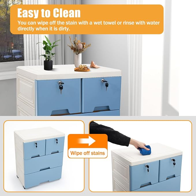 5-Layers Plastic Dresser with 6 Drawers Movable Chest of Drawers Locked Storage - Image 9