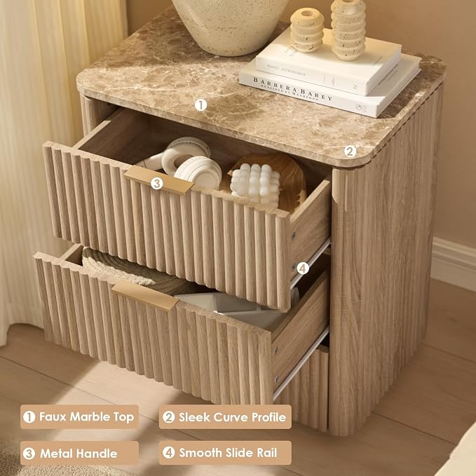 Fluted Nightstand with 3 Drawers, Engineered Wood Bedside Table with Faux - Image 4