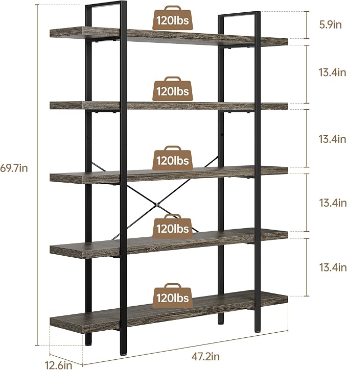 Heavy Duty 5-Tier Industrial Bookcase, 120lbs Shelf Capacity, Rustic Shelving - Image 2