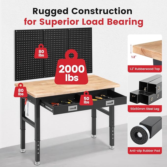 Work Bench for Garage 48 x 24 Inch Adjustable Height Workbenches - Image 2