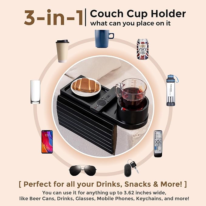Couch Cup Holder for Thin Armrest Wider Than 4.9'', Bamboo Couch Arm Tray - Image 8