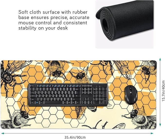 Bee and Honeycomb Large Mouse Pad, Vintage Aesthetic Gaming Desk Mat, XXL - Image 3