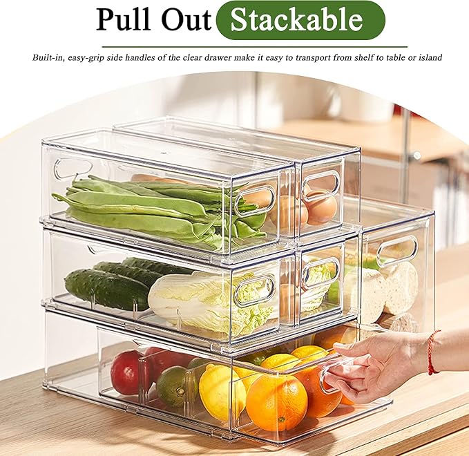 4 Pack Clear Storage Drawer Set, Stackable Fridge Drawer Organizer Fruit - Image 3