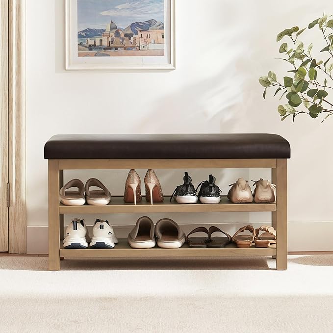 Shoe Rack Bench with Leather Cushion, 2 Tier Solid Wood Storage Bench, by Zihanhome