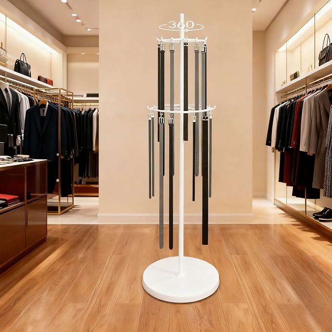 White Belt Display Scarf &Ties Rack Stand, 360° Rotation Floor Mounted Belt - Image 6