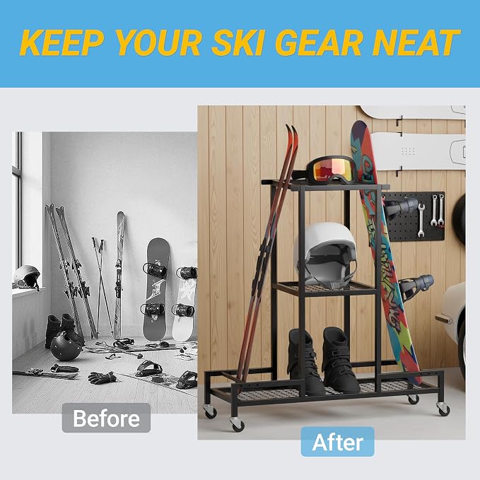 Standing Ski Storage Rack, Holds Snowboards & Skis, 3-Tier Organizer - Image 6