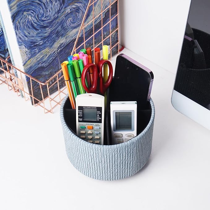 Round Leather Art Supply Organizer, Remote Control Holder, 360 Degree Spinning - Image 6