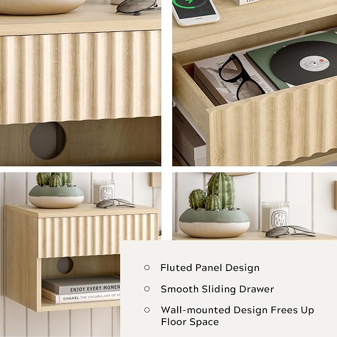 Floating Nightstand with Drawer and Open Shelf, Small Wall Mounted Bedside End - Image 3