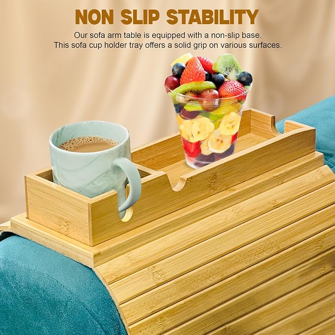 Adjustable Bamboo Couch Cup Holder – Foldable Non-Slip Sofa Arm Tray Couch Caddy - Image 5
