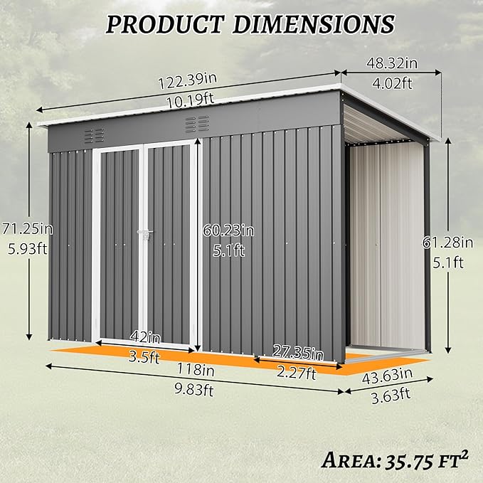 4'x10' Metal Shed Outdoor Storage Shed, Metal Steel Utility Tool Shed Storage - Image 2