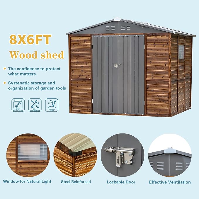 8x6 FT Outdoor Storage Shed, Wood Metal Utility Tool Shed Storage House - Image 4