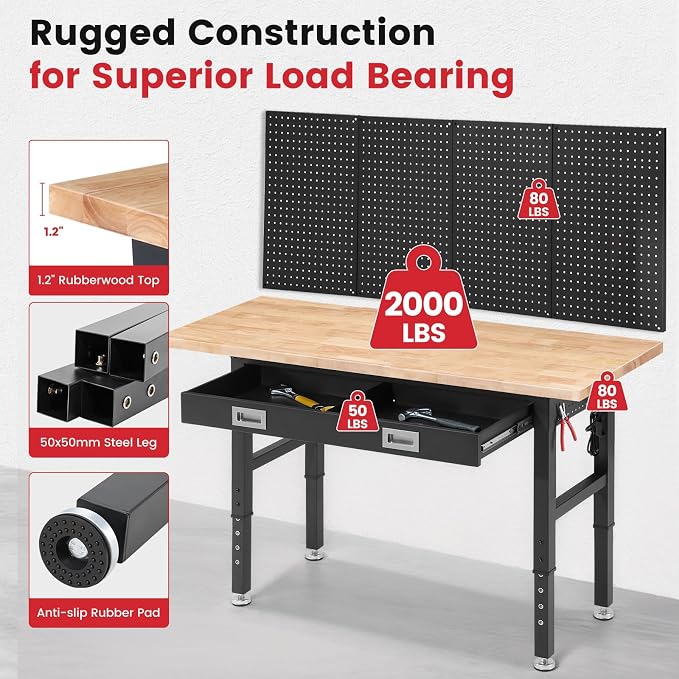 Work Bench for Garage with Drawers 60 x 22 Inch Heavy Duty Rubberwood Tabletop - Image 2