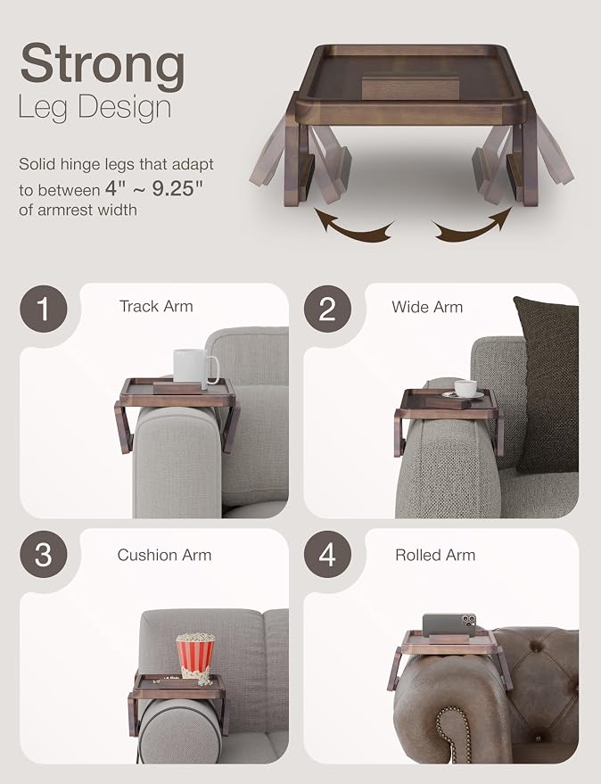 Tinamo Acacia Sofa Arm Tray, Couch Armrest Table - Image 3