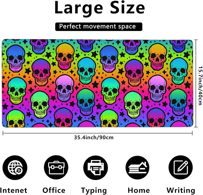 Desk Mat, Neon Skulls and Stars Extended Gaming Mouse Pad, Large Non-Slip - Image 3