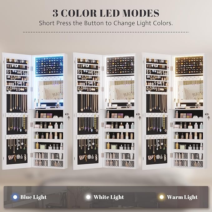 Vlsrka 47.2" LED Jewelry Mirror Cabinet, Wall/Door Mounted Jewelry Armoire - Image 4