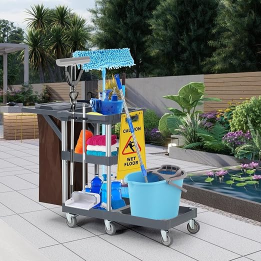 Commercial Traditional Janitorial 3-Shelf Cleaning Cart on Wheels - Image 2