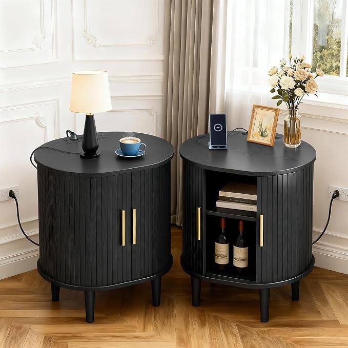 Nightstand with Charging Station, Fluted Accent Side Table with Sliding Door & - Image 8