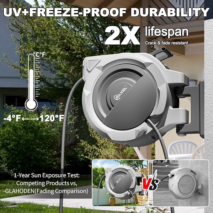 SILVEL Retractable Garden Hose Reel – 5/8 in x 110FT Heavy Duty Automatic Hose - Image 4